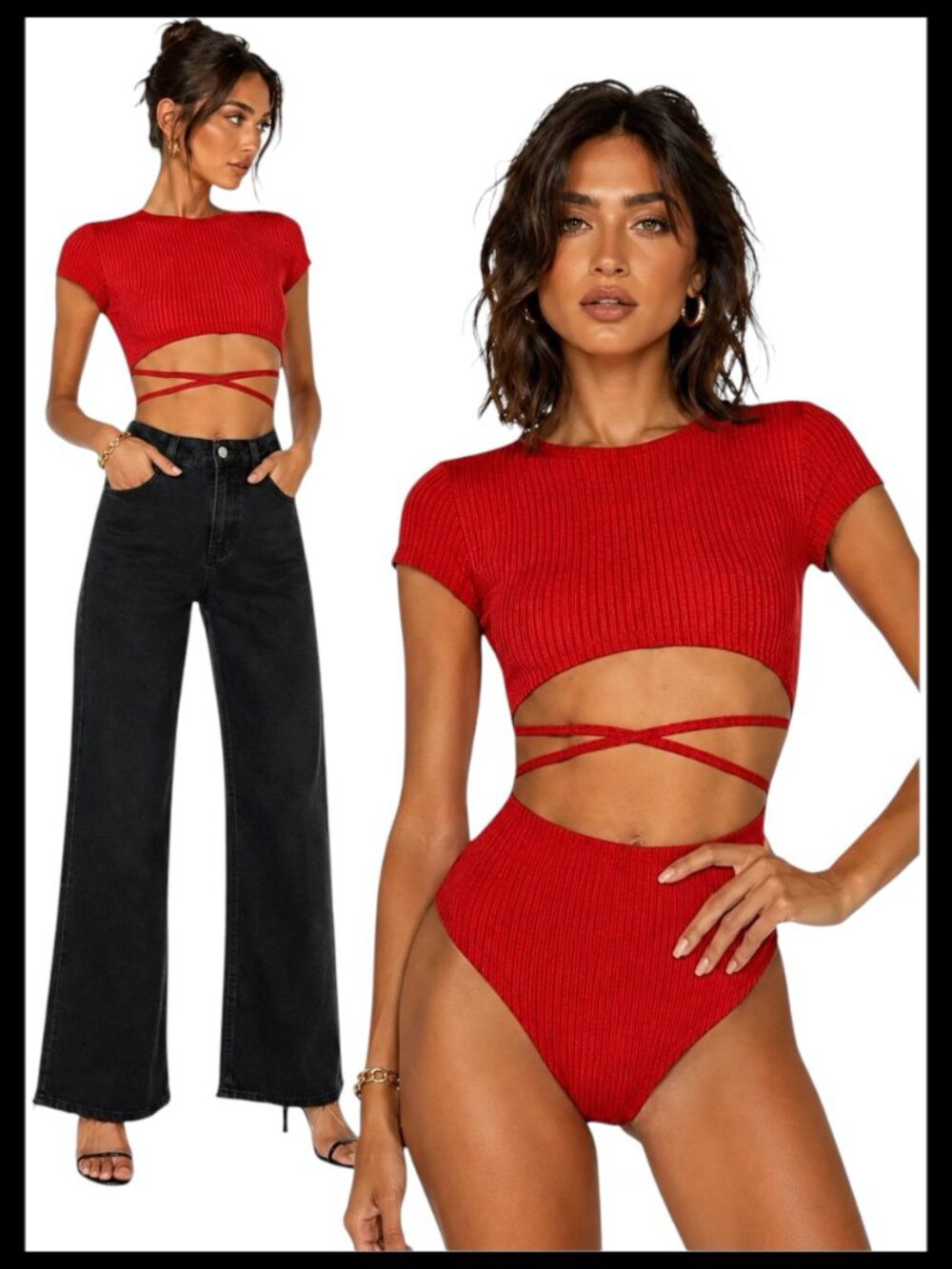 Princess Polly Nicola Bodysuit Red Ribbed Cutout XS 2
